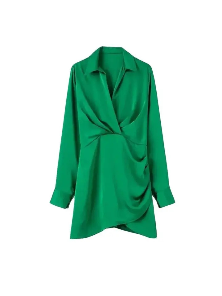 TRZA Women Fashion With Gathered Satin Mini Dress Vintage V Neck Long Sleeve Female Dresses Vestidos Mujer w250728