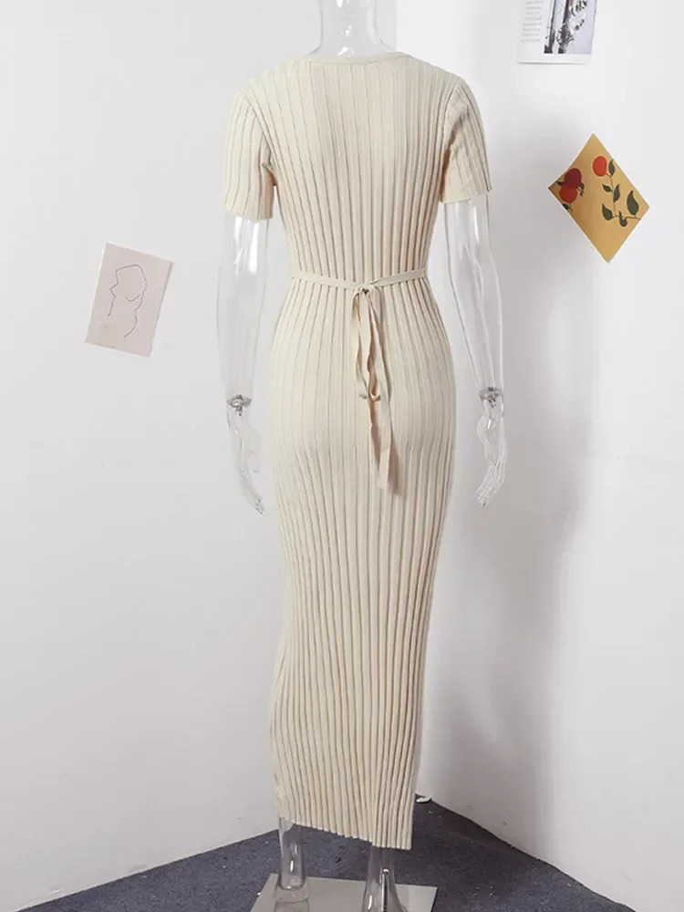 Ladies Knitted Short Sleeve Pleated Long Dress Fashion Spring Summer Women Hip Package O Neck Female Dresses 250728