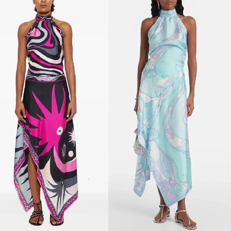 Printed Satin Halter Backless Top and Asymmetrical Mini Skirt TwoPiece Set for Women Elegant Fashionable Ensemble 250728