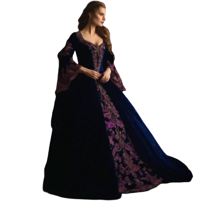 Historical Renaissance Prom Dresses Deep Midnight Blue Velvet Special Occasion Gown With Purple Lace Applique Flare Sleeves A-line Vintage Chic Evenin