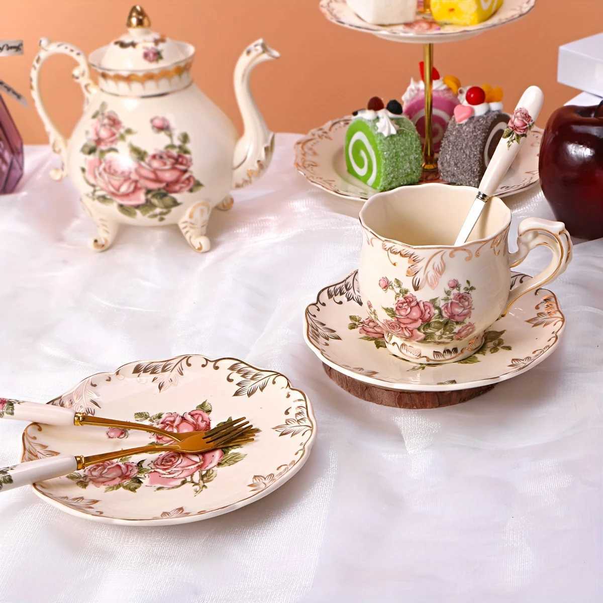 19-Piece European Tea Set - 6 Cups/Saucers/Spoons with Stand Vintage Porcelain for Afternoon Tea Holiday Gifts X250728