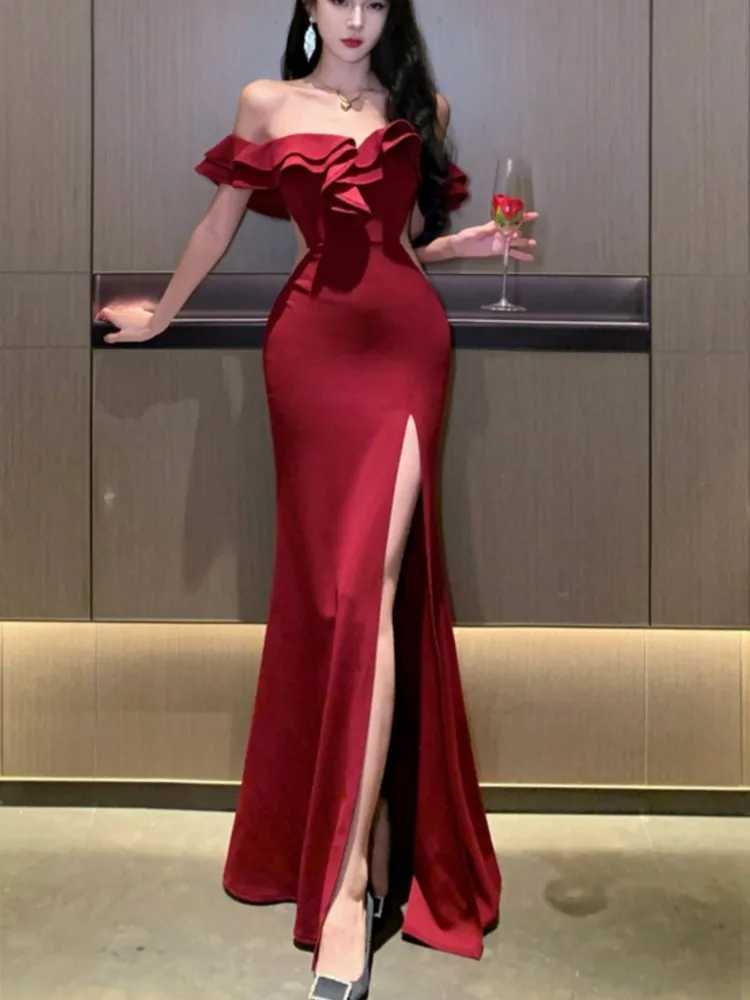 Women Sexy Bodycon Off Shoulder High Split Long Dresses Wedding Evening Party Prom Dress Ruffles Slash Neck Summer New Dresses Z250728