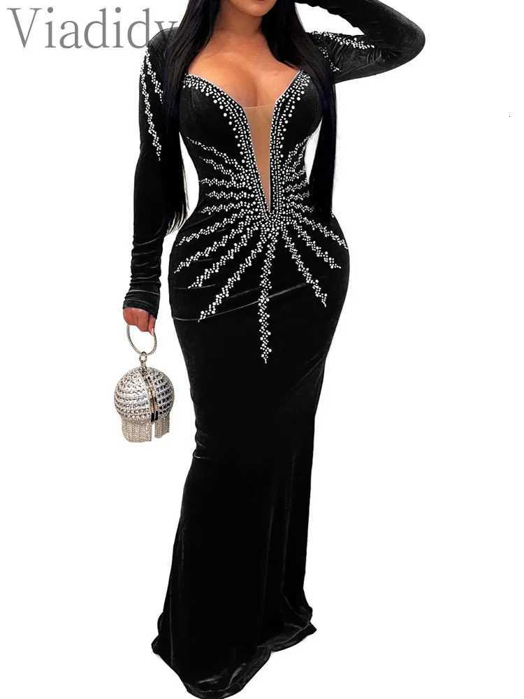 Women Sexy Velvet Mesh Rhinestone V-Neck Floor-Length Evening Party Dress Long Sleeve Back Zipper Mermaid Dresses Z250728