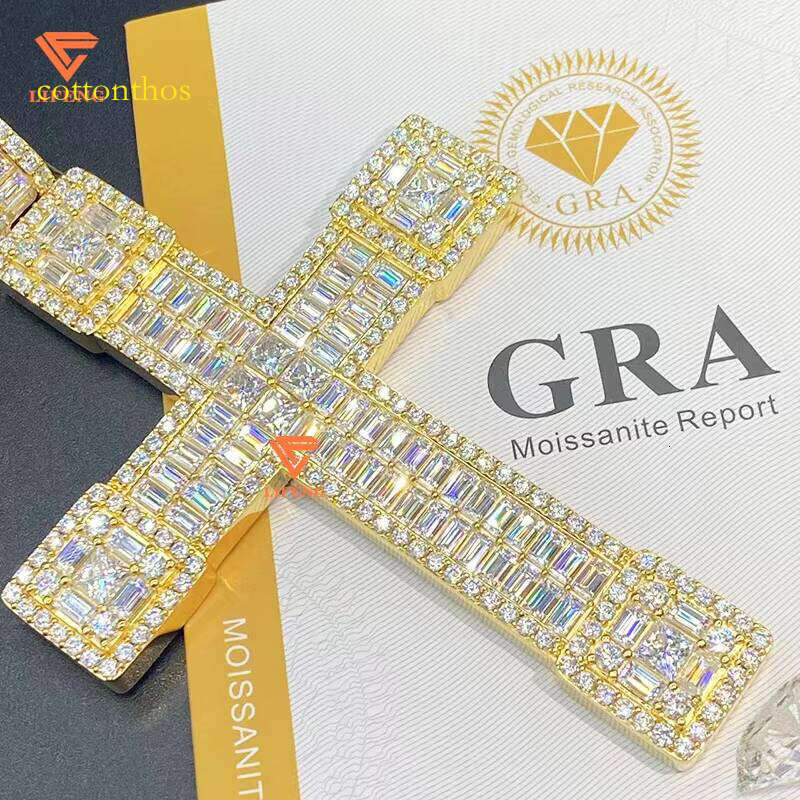 Custom Baguette Cross Pendant Iced Out Vvs Moissanite Hiphop Men Sterling Sier Dia Full Charms Fashion Jewelry