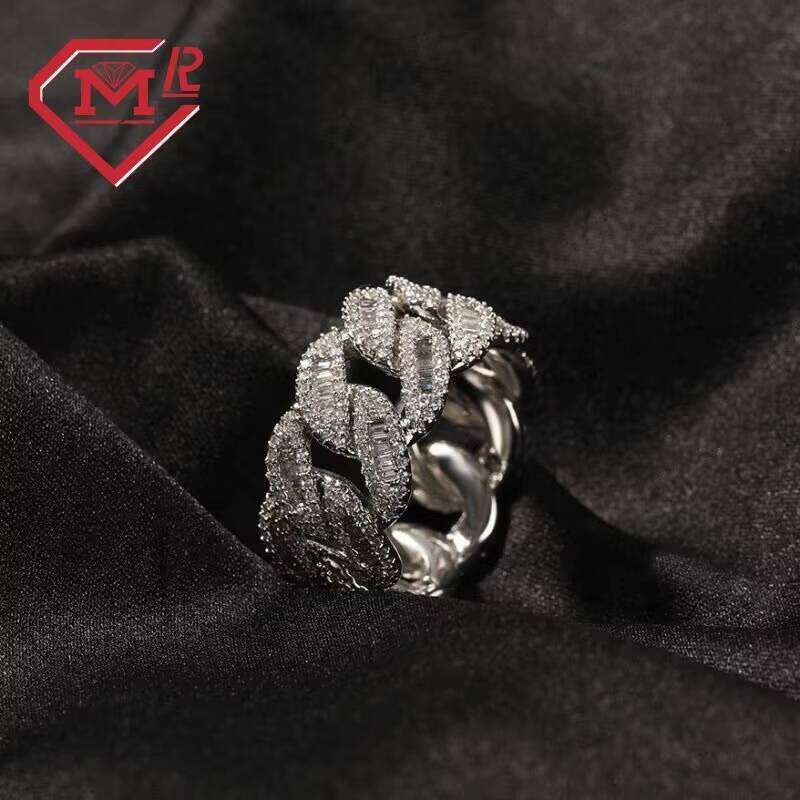 13mm Long Stick Bread Men's Cuban Pure Silver Iced VVS Hip-Hop Moissanite Ring