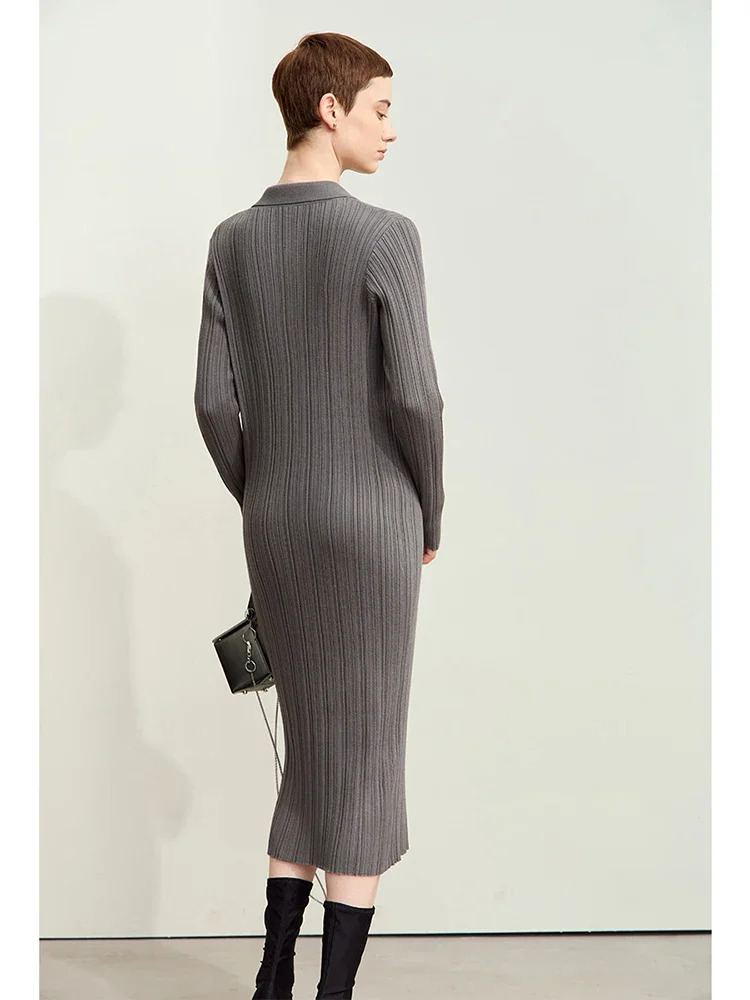 Amii Minimalism Elegant Party Dresses Woman Autumn Retro Lapel Metal Buckle Slim Strip Knitted Dress Female12443090 250728