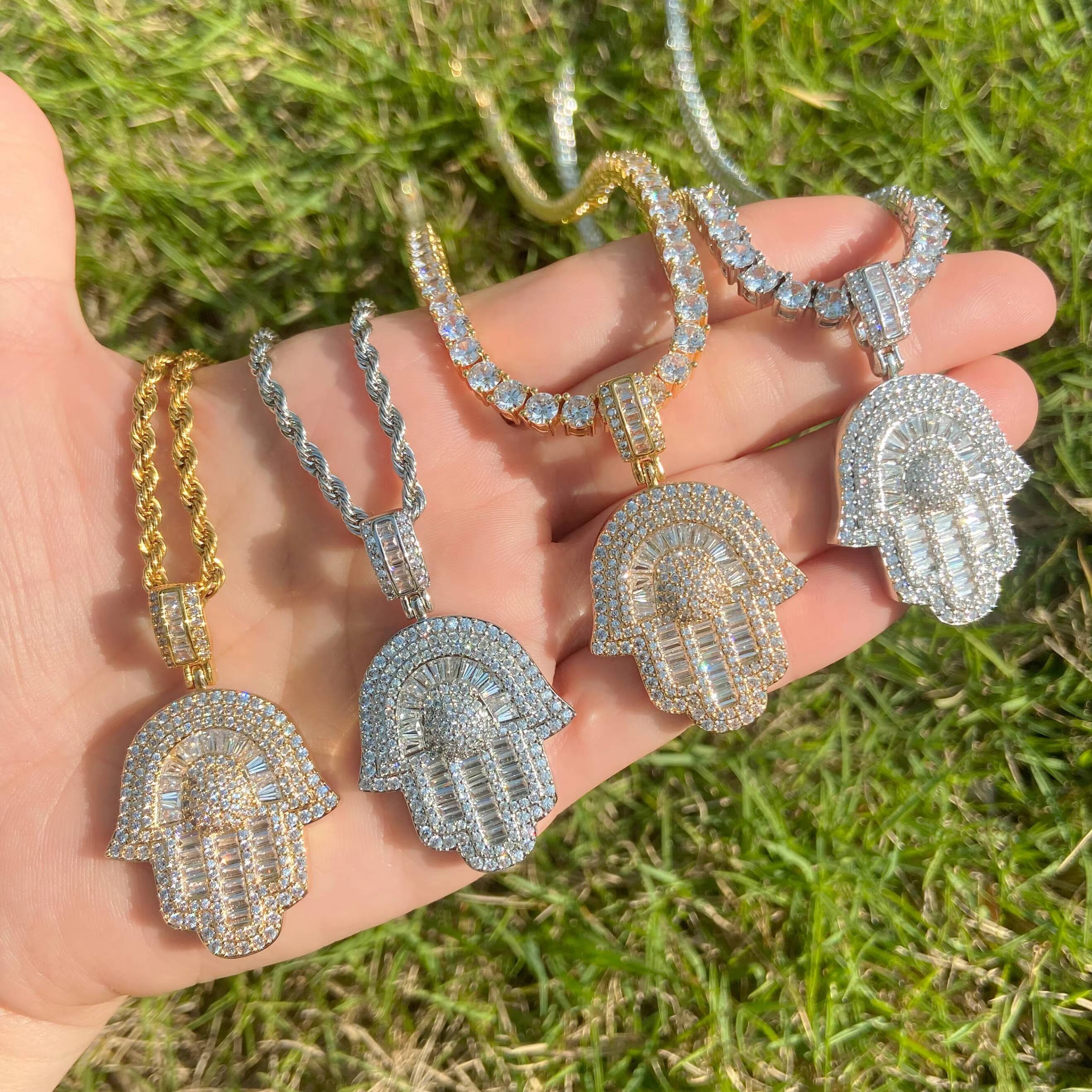 Hip Hop Antique Pendant Charms Gold Crystal Stone Iced Baguette Hamsa Hands Brass Necklace with Zircon Paved Hand Jewelry Making