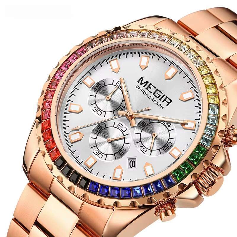 DHwatches MEGIR 2227G Men's Diamond Rainbow Bezel Watch - Waterproof, Luminous, Date, Stainless Steel, 46mm Fashion Quartz Watch