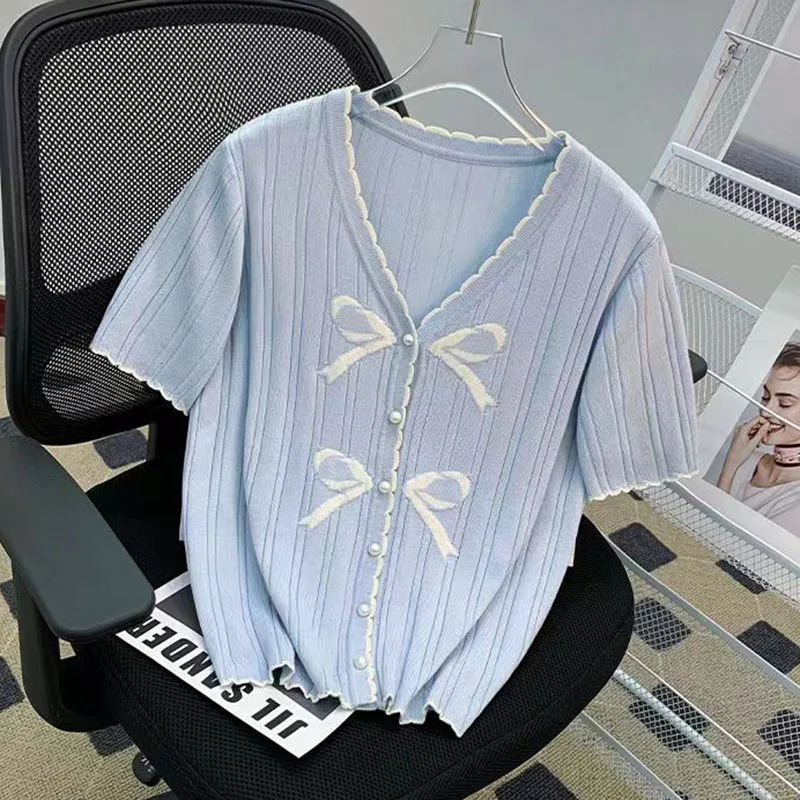 Summer Short Sleeve Thin Sweater For Women Korean Fashion Tops Y2K Clothes Woman V Neck Knitted Cardigan Sweaters Female 250728