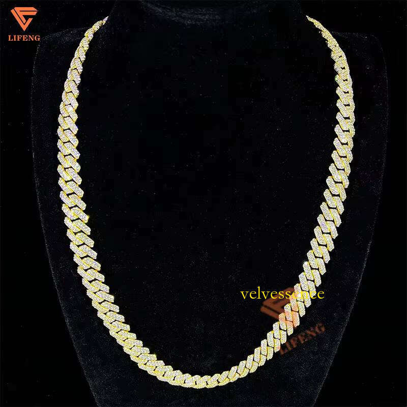 12mm 2row Gold Plated Cuban Link Chain 24in Moissanite Necklace Sterling Sier Miami Jewelry for Men