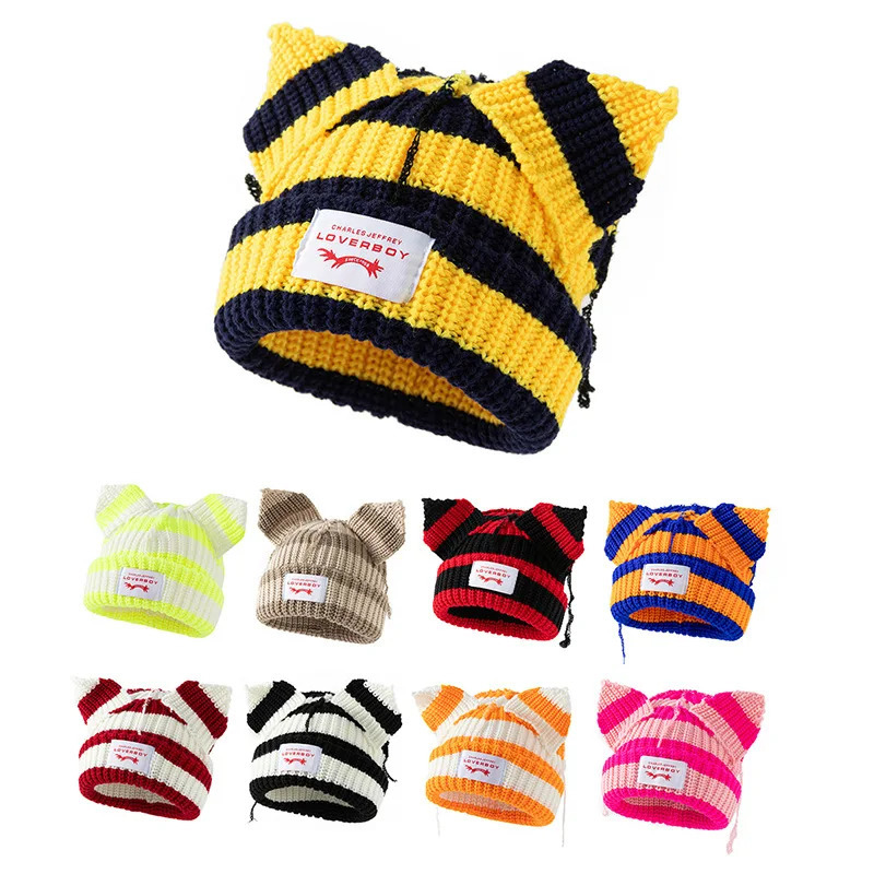 Autumn Winter Cute Ear Beanies Skullies Cap Fashion Women Men Warm Outdoor Unisex Knitted Hat Loverboy Y2K Personality Cold Hats 250724