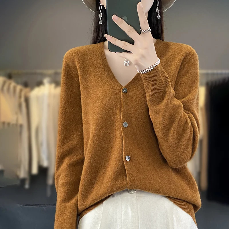 100% Merino Wool Sweater Autumn Winter Women Oneck Solid Knitted Cardigan Casual Cashmere Knitwear Long Sleeve Soft Tops 250728
