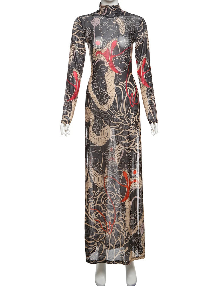 kliou Aesthetic Print Women Tshirts Hipster Autumn Stand Collar SuperLengthen Slim Tops for Mesh Thin Attractive Streetwear 250728