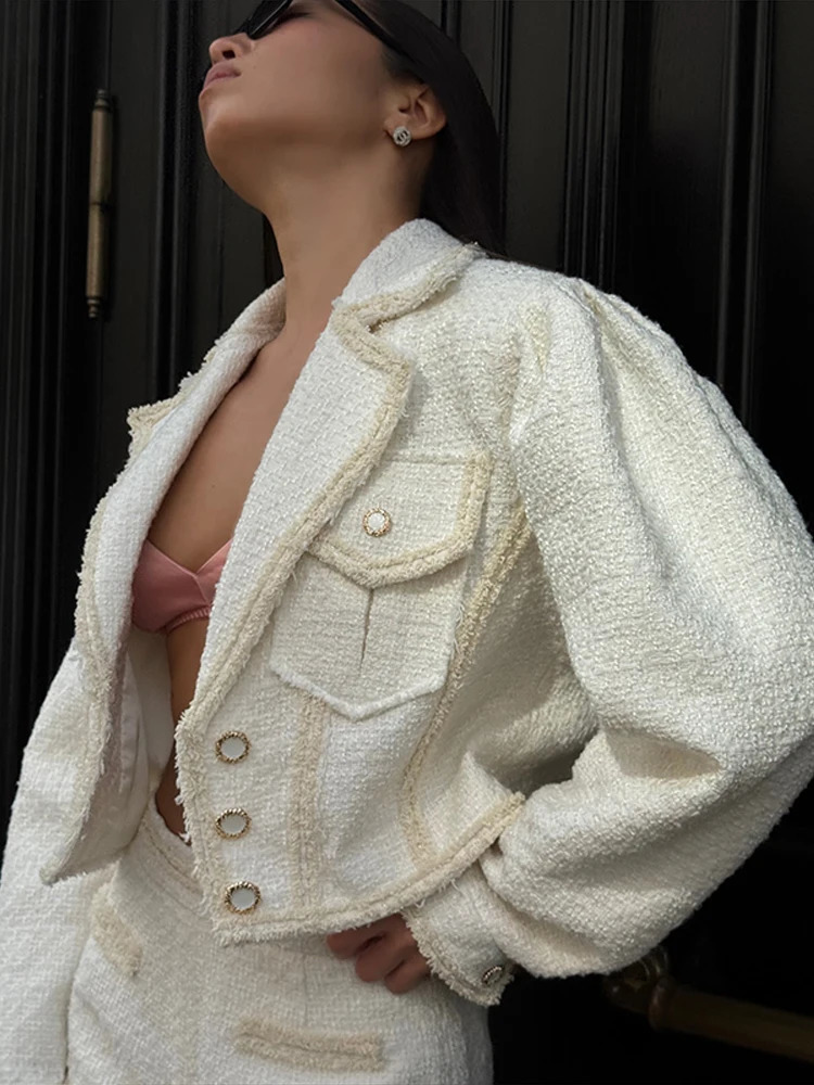 Collar Coarse Tweed Short Coat Frayed Shorts Women Set Long Sleeved Button Top Straight Autumn High Street Lady Suit 250728