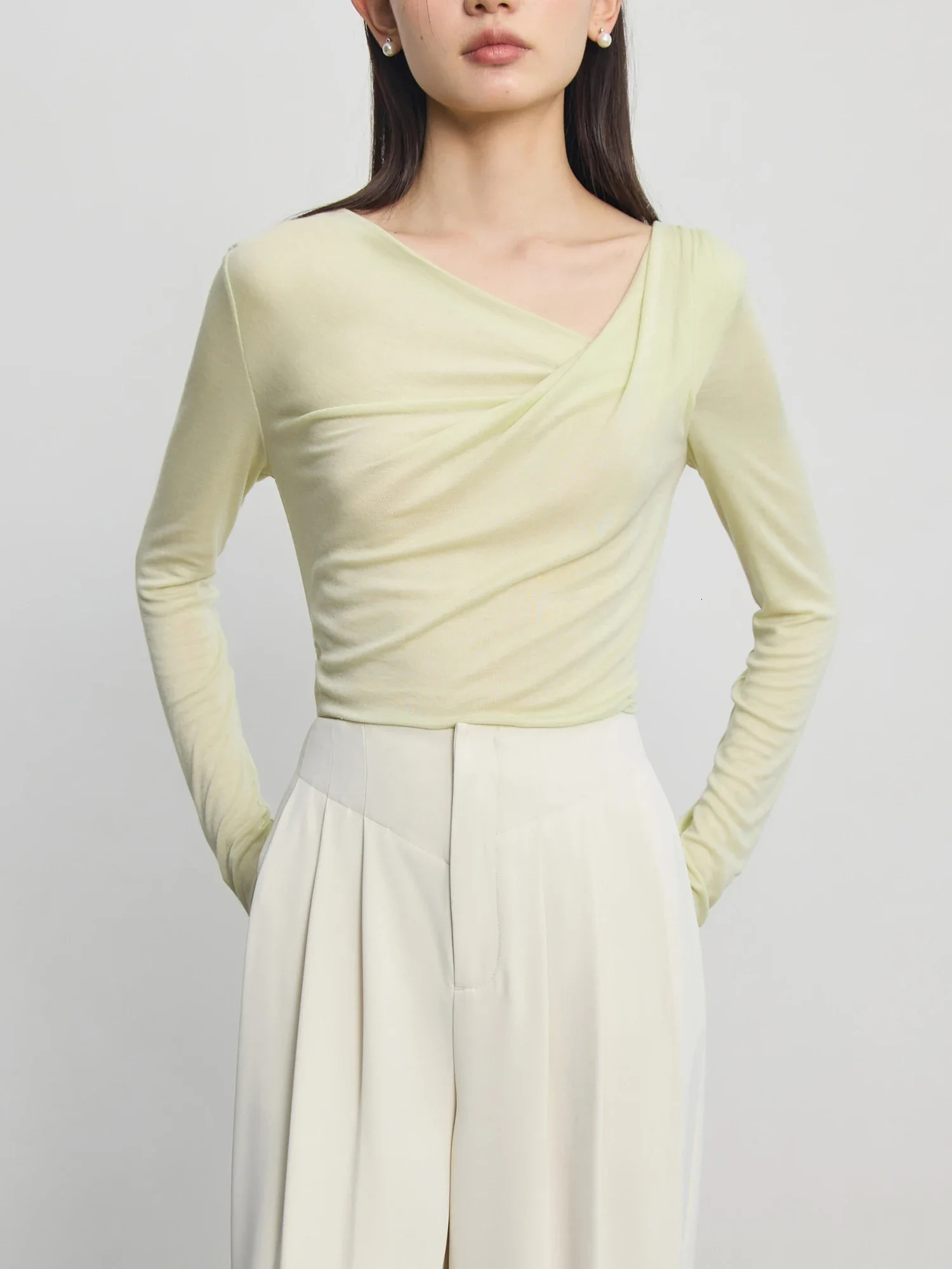 189% Wool Women Autumn Pink Gentle Slim Pullover Asymmetric Neckline Yellow Green Thin Sweater Long Sleeve Top 24ZQ93180 250728