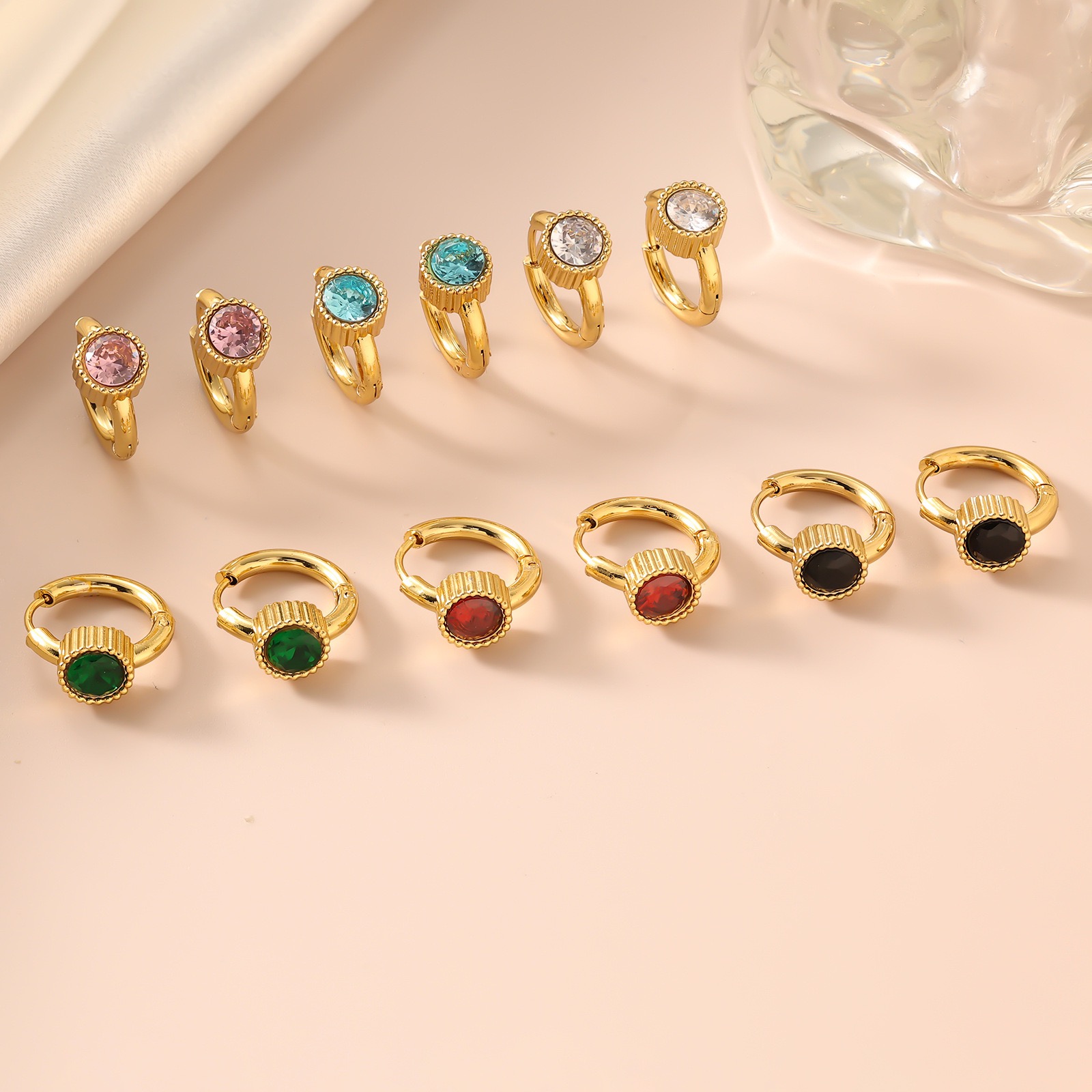 Stainless steel jewellery with coloured zirconia stones, light luxury high-end earrings