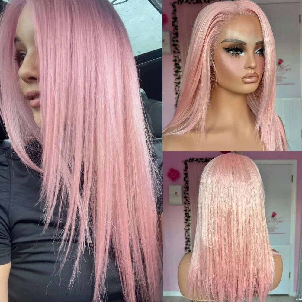 Light Pink Layered Straight Human Hair 210 Density 13x4 HD Transparent Lace Front Wig Ready To Wear Pink Wig Synthetic Soft Feather Ends Wigs