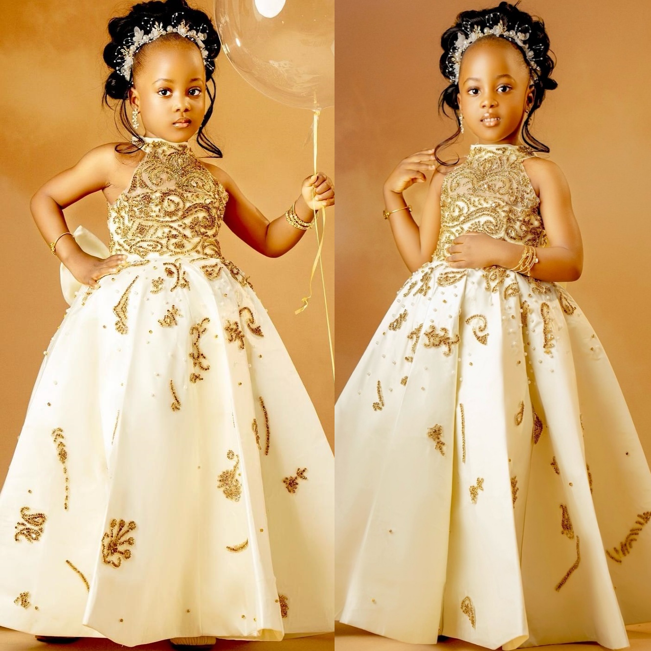 2025 Champagne A-line Flower Girl Dresses High Neck Lace Beaded Satin Little Girl Christmas Peageant Birthday Christening Tutu Dress Gowns ZJ411