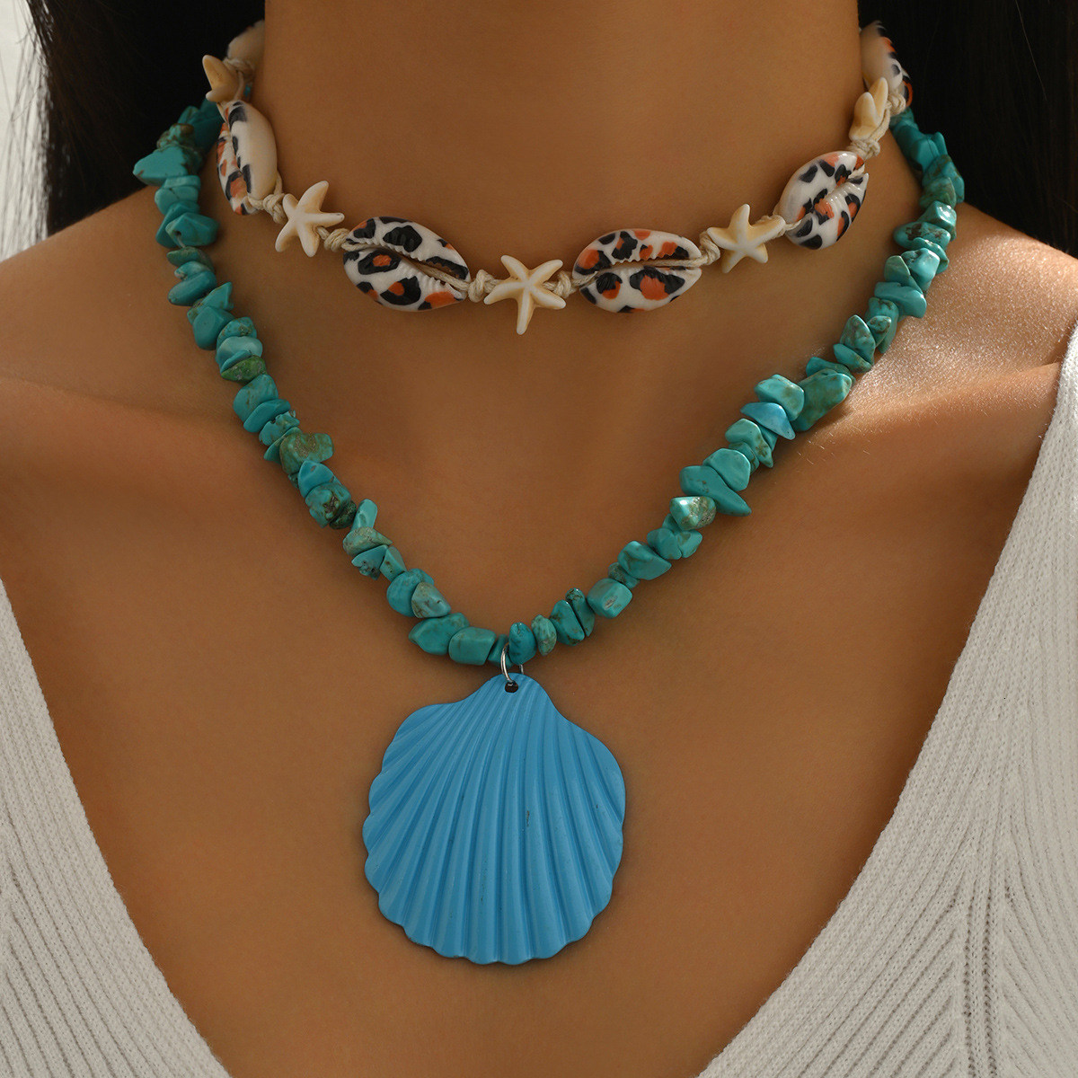 New Beach Starfish Shell Pendant Necklace for Women Fresh Sweet Colorful Crushed Stone Summer Ocean Collarbone Chain Jewelry for Women