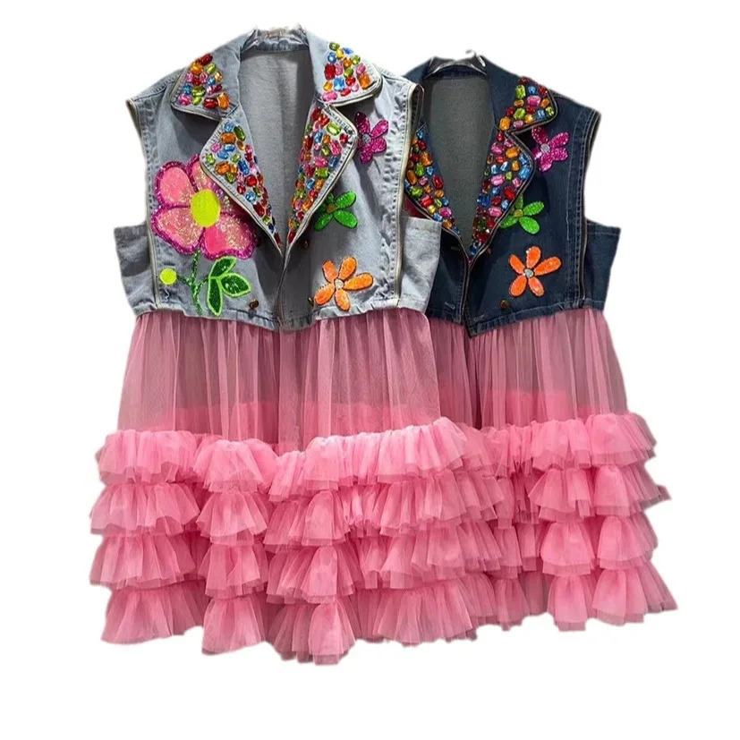 Flowers Sequins Embroidery Mesh Patchwork Ruffles Denim Waistcoat Crystal Jeans Vest Diamonds Beads Jacket Turn Down Collar Tank 250728