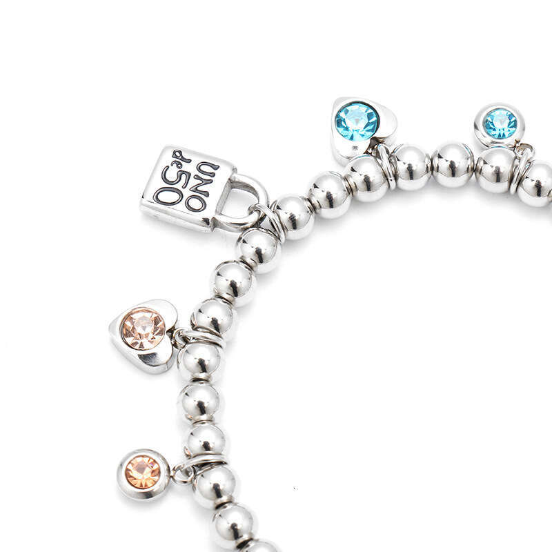 6mm Ball Round Tube Lock Head Engraved Oil Peach Heart Rhinestone U50 Stainless Steel Unisex Bracelet ddmypluto