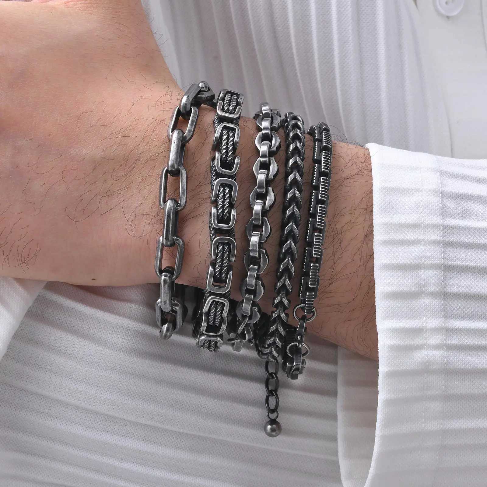 Vintage Chain Bracelets for Men Boys Byzantine Stainless Steel Braided Link Wristband Retro Jewelry Birthday Gifts for Father W250728