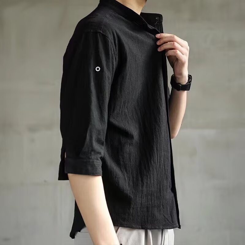 Stand Collar Short Shirt for Men, Summer Trendy Brand, High-end Sense, Stylish Men's Shirt, Plus Size, Three-quarter Sleeve