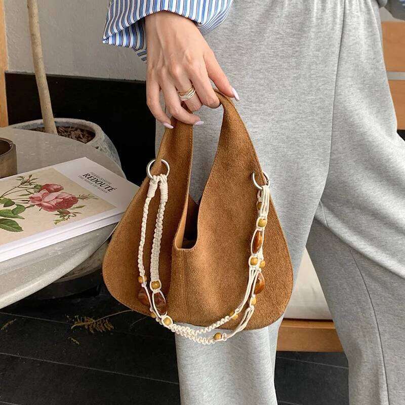 2026 Autumn Collection Beads Straps Women Crossbody Bag Triangle Advanced Feeling Basket Tote Suede Cow Leather Handbag