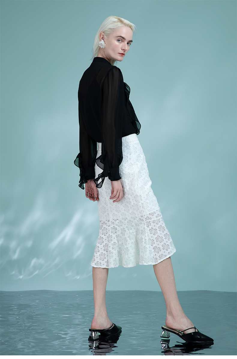 Women's White Lace Cocktail Skirts Wedding Guest 2025 Spring Ruffles Hem Little Mermaid Skirt Office Lady Wear 6111038