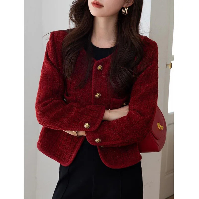 Lucyever Wine Red Tweed Coats Female Autumn Winter Fashion Temperament Short Jacket Korean AllMatch ONeck Outerwear 250728