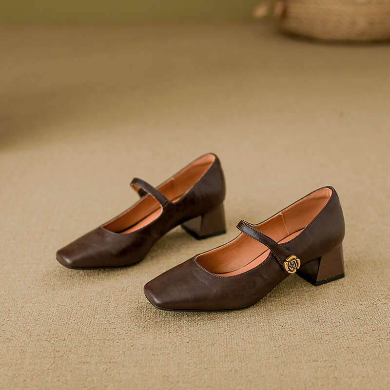 Genuine Leather High Heels Mary Jane Chunky Heel Single Shoes Fashion 2025 Spring New Women Outdoor High-end Feel