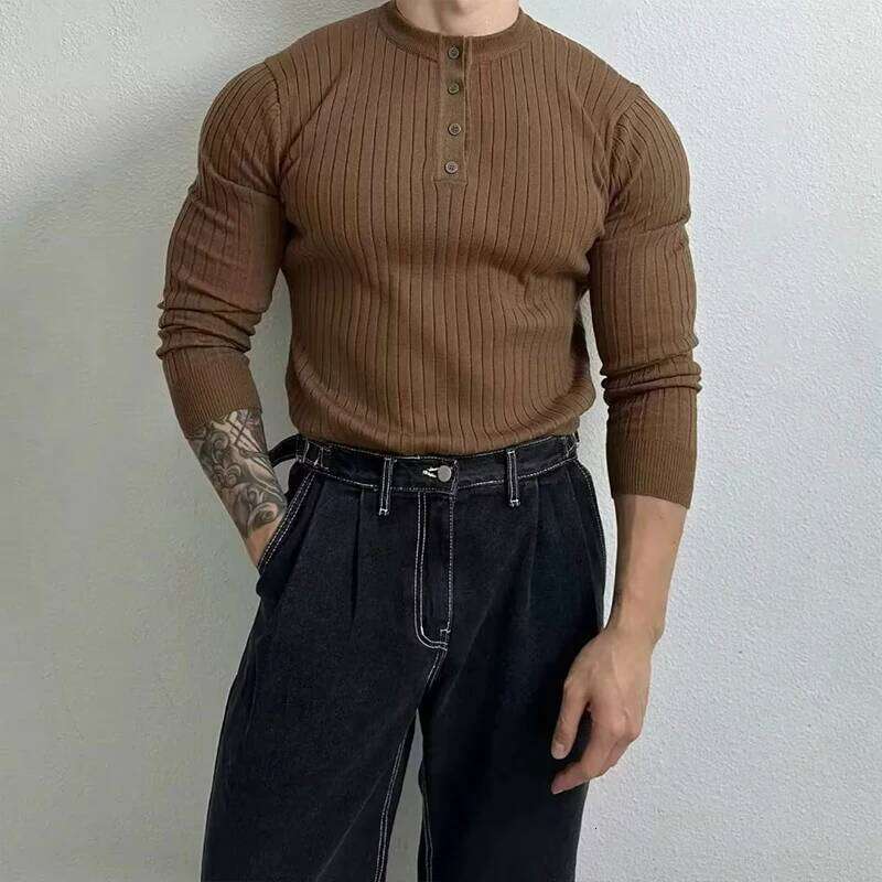 Autumn Clothing Men's Light Knit Korean Popular Henry Collar T-shirt Button-down Long Sleeve Retro Leisure Knitwear