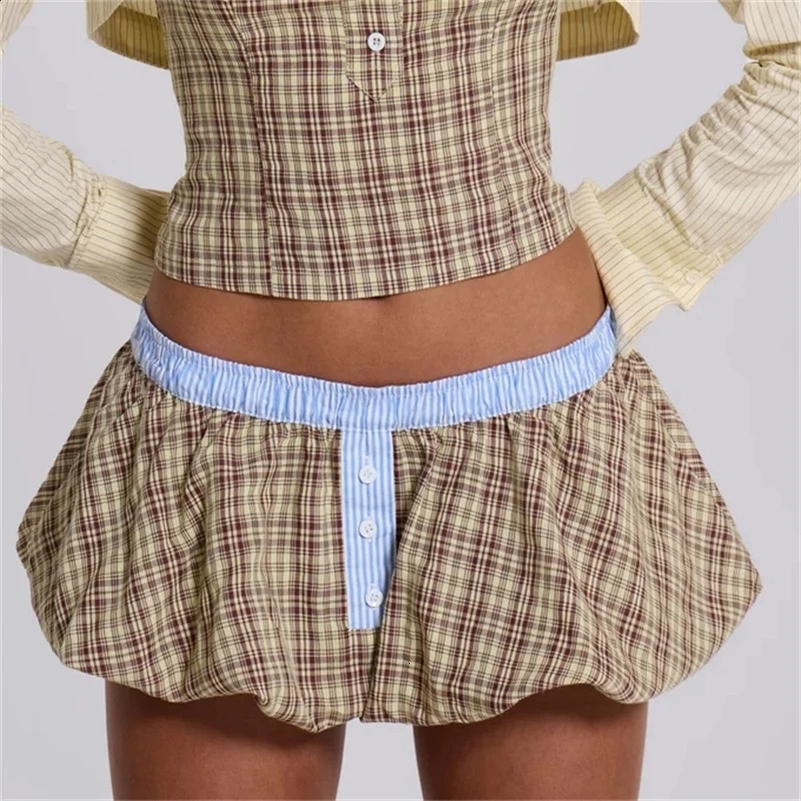 Khaki Mini Skirts Women A-line Casual Fashion Vintage Y2k Skirt Sweet Plaid puff skirt 2024 Summer Female Jupe Streetwear 250715