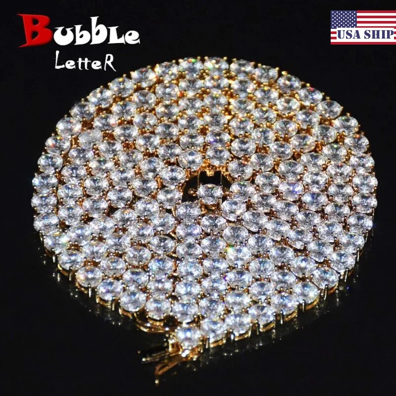 Bubble Letter 1 Row Tennis Chain Zircon Necklace Hip Hop Jewelry Gold Color Copper Material Men Rock Link 18inch 20inch 250722