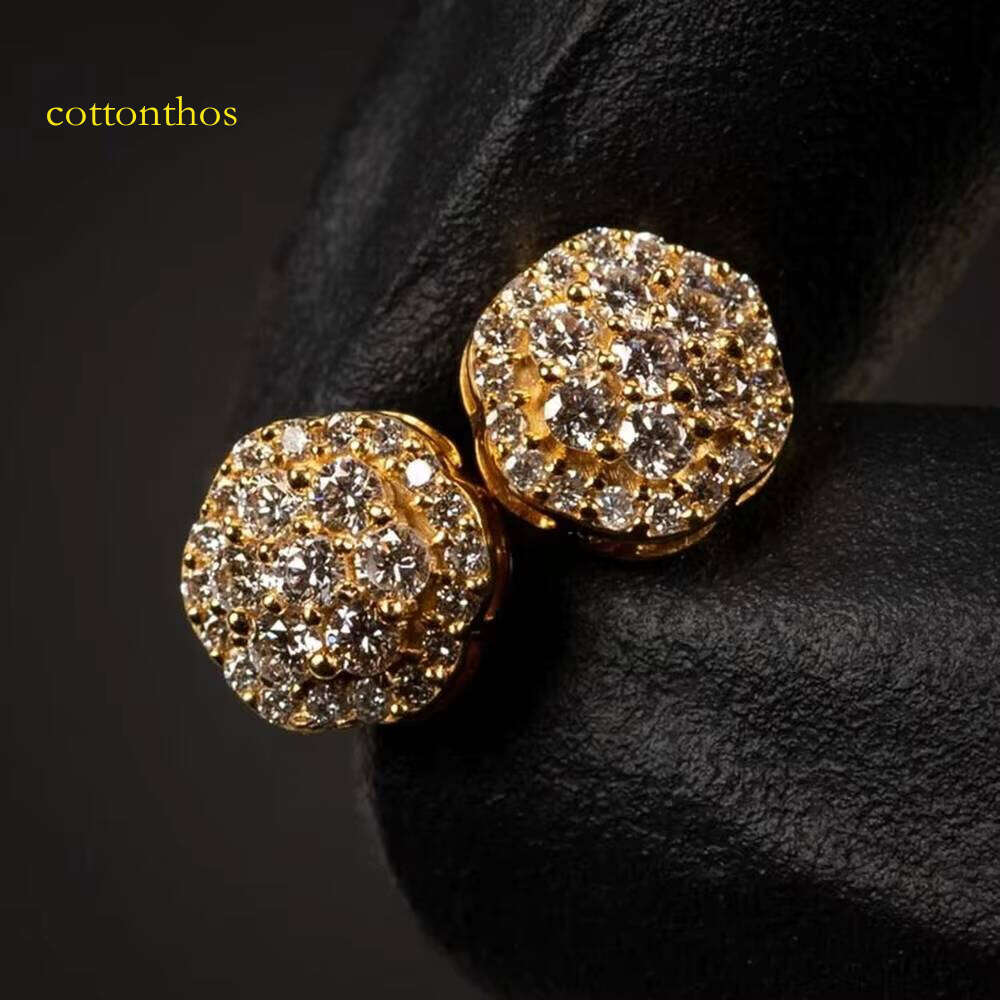 Sterling Sier Screw Back VVS Gold Plated Flower Cluster Men Iced Out Silicon Stone Stud Earrings