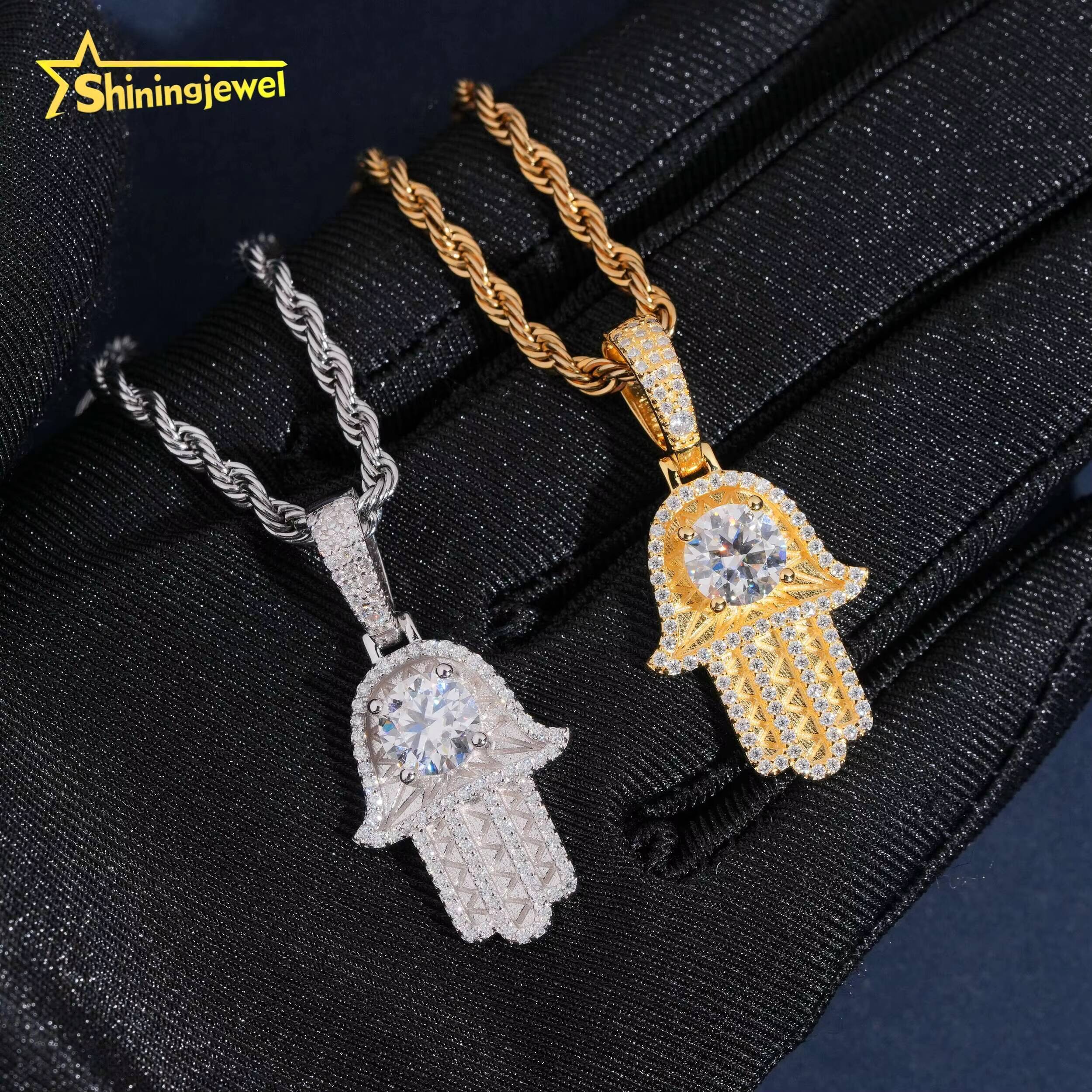 USA Local Fast Shipping 925 Silver VVS Moissanite Pendant Necklace Hip Hop Iced Out Gold Plated Hamsa Hand Moissanite Pendant