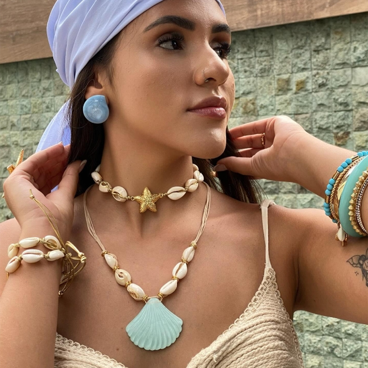 New Bohemian Beach Style Exaggerated Shell Pendant Necklace Double Layer Stacked Design Choker Jewelry for Women