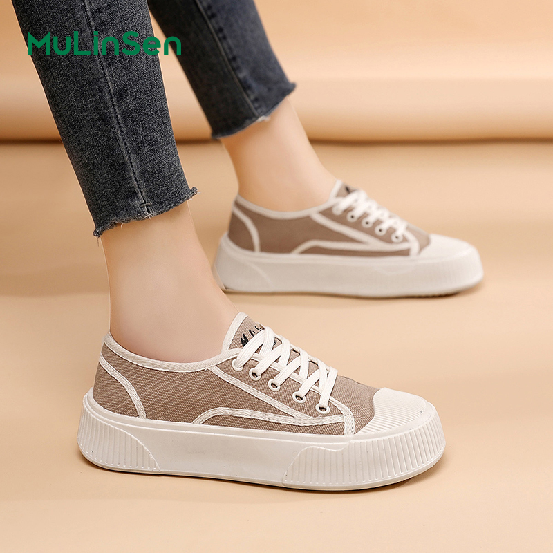Mulinsen women's shoes summer breathable coffee-colored canvas shoes women 2025 new biscuit shoes low-top soft-soled casual shoes