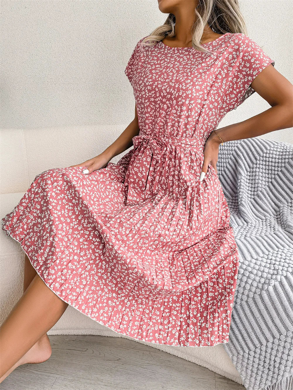 Women Spring Summer Short Sleeve High Waist Chic Dress Fashion Floral Pleated ALine Long Dress 250728