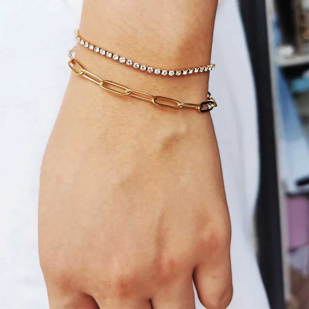 Dainty Gold Bracelets for Women Gold Color Stainless Steel Adjustable Layered Paperclip Tennis Chain Bracelet Cute Jewelry W250728