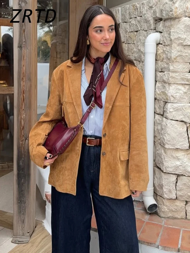 Elegant Womens Suede Jackets Loose Lapel Single Breasted Long Sleeve Female Coats Spring Lady Street Commute Outerwear 250728