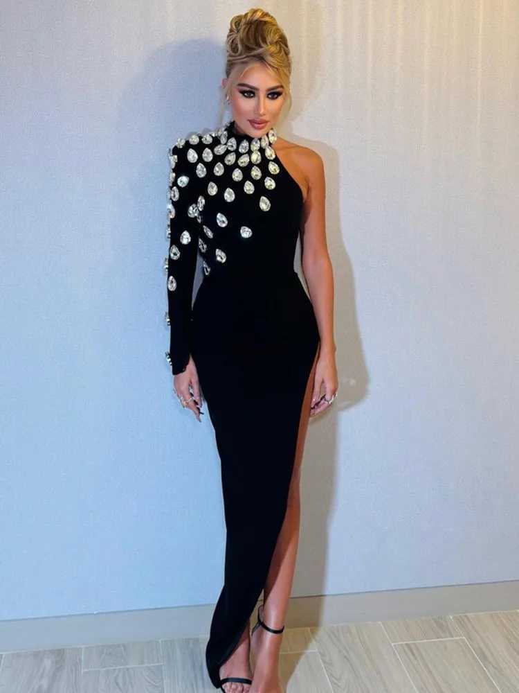 2023 Women Celebrity Sexy Single Sleeve Rhinestone Black Maxi Long Bodycon Bandage Dress Elegant Evening Club Party Dress Z250728