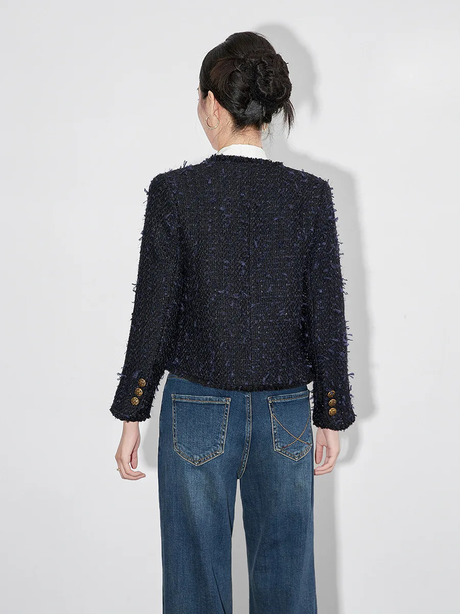 ZJYT Autumn Vintage Blue Tweed Woolen Jacket for Women Womens Clothing Winter Coat Elegant Short Outerwear Jacket 250728