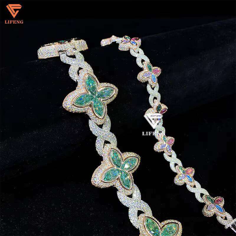 Jewelry Lucky Clover Sier Iced Out VVS Blue Pink Green Dia Moissanite Bracelet