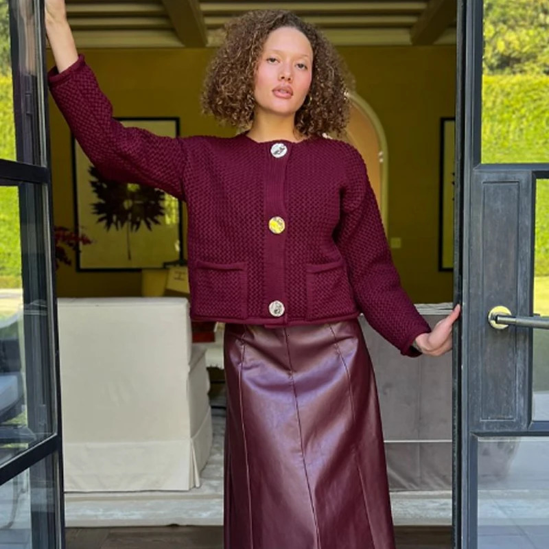 TRAF Knitted Sweater Cardigan For Women Autumn Long Sleeve Cropped Cardigans Ladies Outerwear Winter Button Knit Sweater 250728