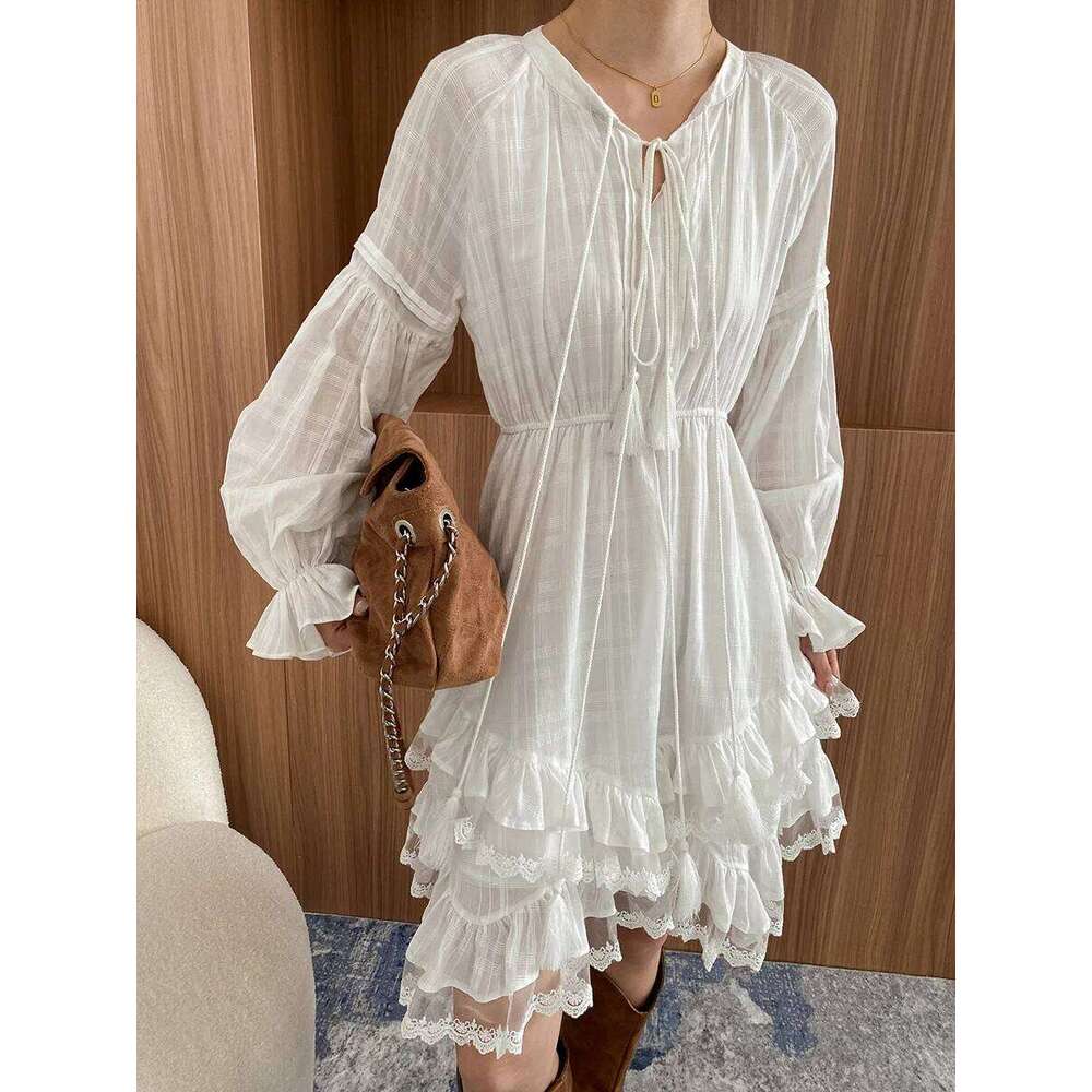 Designer Clothing 2025 Spring And Autumn Women's White Holiday Casual Solid Color V-Neck Long Sleeve Irregular Dress