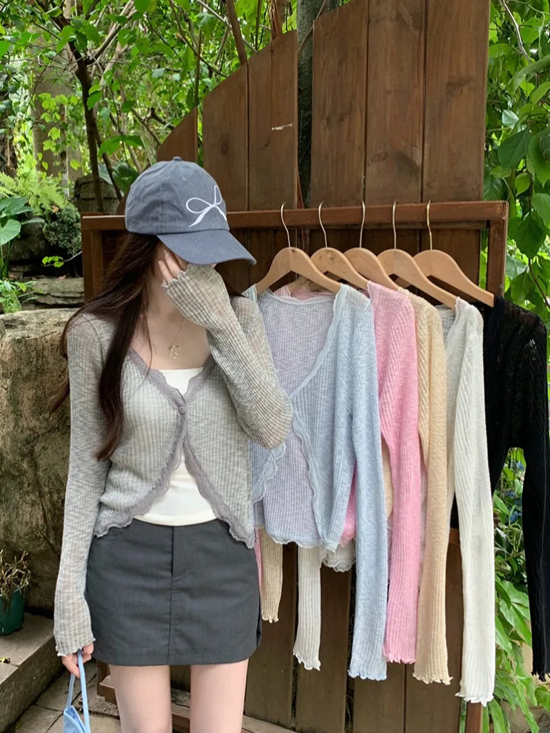 Lace Trim One Button Long Sleeve Crop Top Women Short Open Front Ribbed Knit Cardigan Sweater Summer Fairycore Outfit 250728