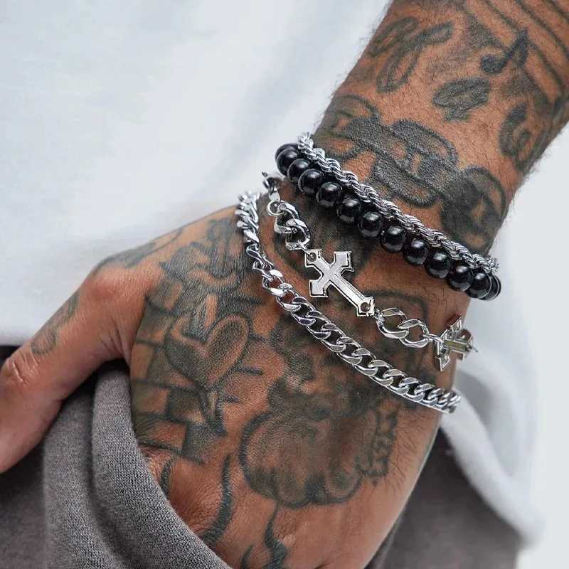 4 Pcs Stainless Steel Bracelet Set For Men Women Punk Fashion Cross Beads Chain Bracelets Simple Hip Hop Unisex Jewelry Gift New W250728