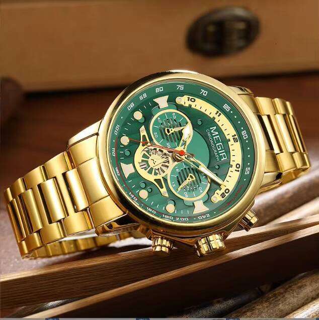 DHwatches MEGIR 2223G Men's Stainless Steel Watch - 48mm Chronograph, Waterproof 30M, Luminous, Date, Business Quartz Watch