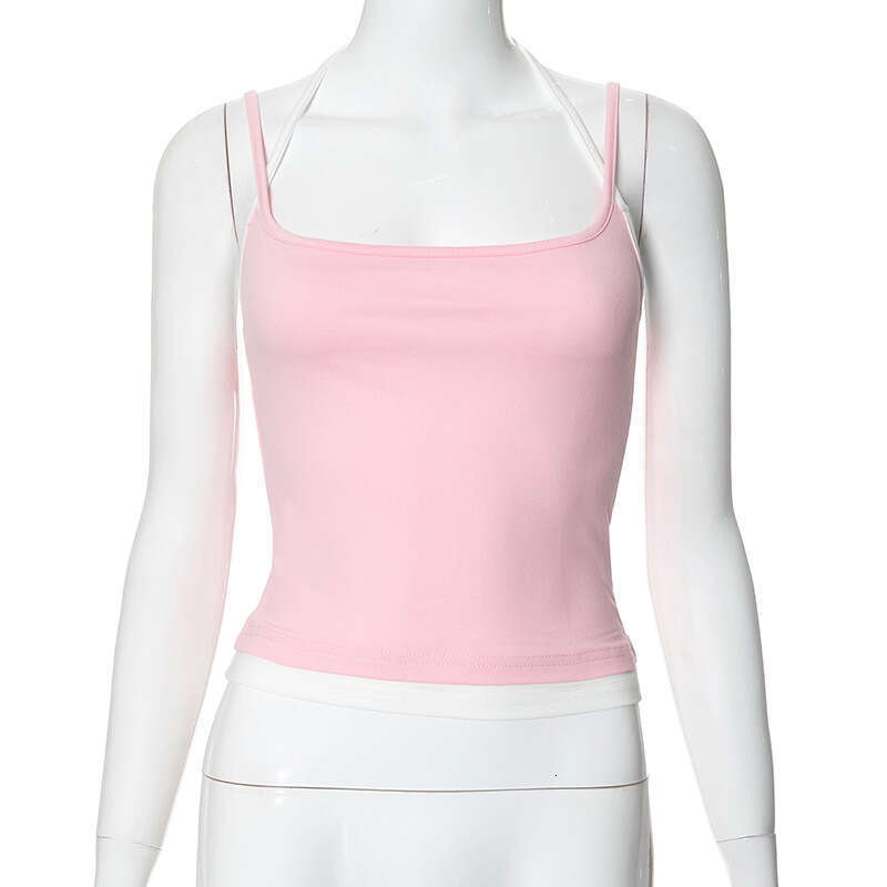 M23tp768 Women's Spring Summer New Color-Block Fake Two-Piece Halter Neck Backless Crop Top T-Shirt For Women B5